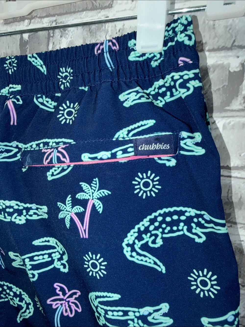 Boy's Chubbies Navy Swim Trunks with Mint & Pink Crocodile Print